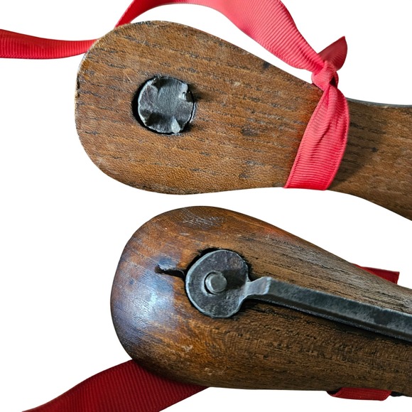 Antique KHS Ice Skates Pair | Wooden Tie-On Skates | Forged Steel Runners c1900 - Picture 3 of 7